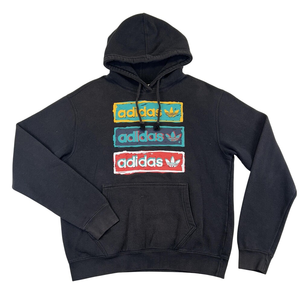 Adidas Hoodie Mens Medium Black Trefoil Triple Graphic Logo Pullover Sweatshirt